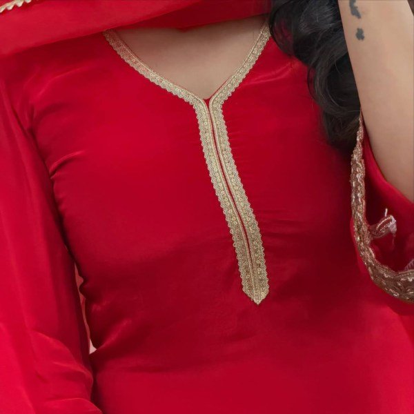 Elegant Red Fandy Satin Embroidered Kurti Farshi Salwar Dupatta Set at Manufacturer  Ready To Wear Collection