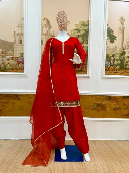 Elegant Red Fandy Satin Embroidered Kurti Farshi Salwar Dupatta Set at Manufacturer  Ready To Wear Collection