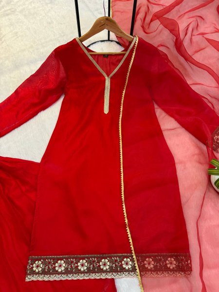 Elegant Red Fandy Satin Embroidered Kurti Farshi Salwar Dupatta Set at Manufacturer  Ready To Wear Collection