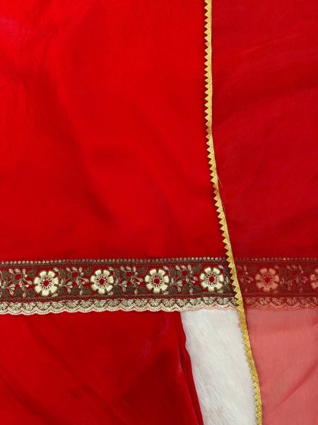 Elegant Red Fandy Satin Embroidered Kurti Farshi Salwar Dupatta Set at Manufacturer  Ready To Wear Collection
