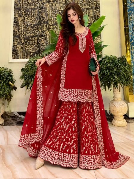 Elegant Red Fully Stitched Faux Georgette Kurti Plazzo Dupatta Set for Women Ready To Wear Suit
