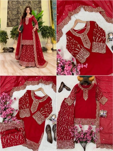 Elegant Red Fully Stitched Faux Georgette Kurti Plazzo Dupatta Set for Women Ready To Wear Collection