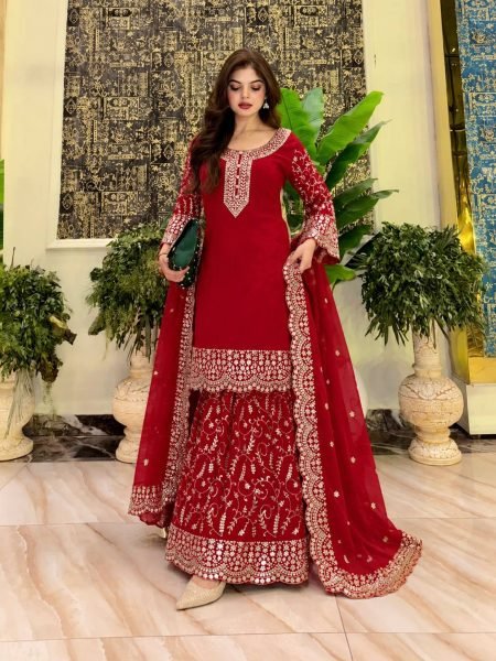 Elegant Red Fully Stitched Faux Georgette Kurti Plazzo Dupatta Set for Women Ready To Wear Collection