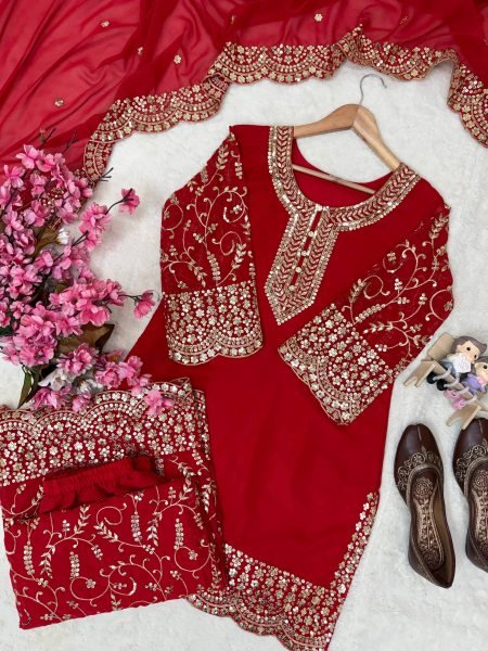 Elegant Red Fully Stitched Faux Georgette Kurti Plazzo Dupatta Set for Women Ready To Wear Collection