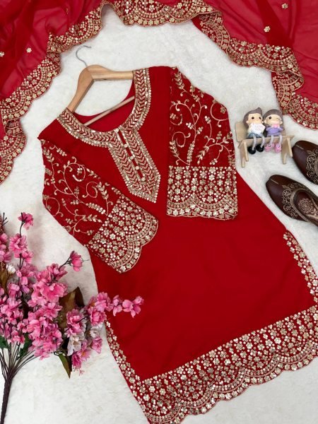 Elegant Red Fully Stitched Faux Georgette Kurti Plazzo Dupatta Set for Women Ready To Wear Collection