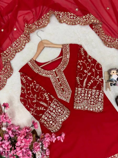 Elegant Red Fully Stitched Faux Georgette Kurti Plazzo Dupatta Set for Women Ready To Wear Collection