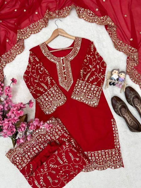 Elegant Red Fully Stitched Faux Georgette Kurti Plazzo Dupatta Set for Women Ready To Wear Collection