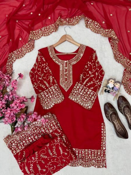 Elegant Red Fully Stitched Faux Georgette Kurti Plazzo Dupatta Set for Women Ready To Wear Collection