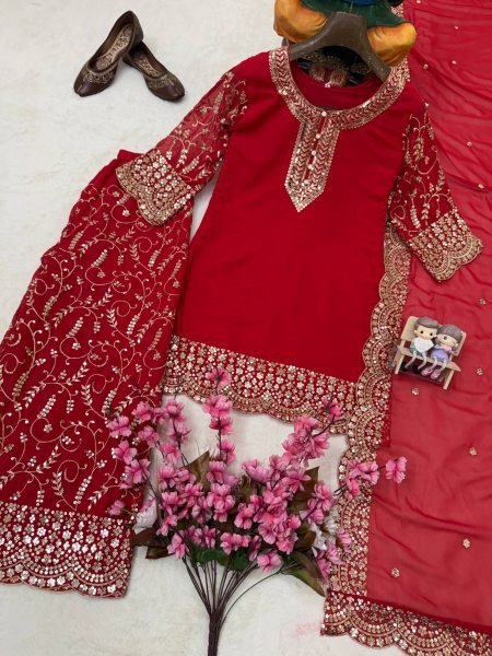 Elegant Red Fully Stitched Faux Georgette Kurti Plazzo Dupatta Set for Women Ready To Wear Collection