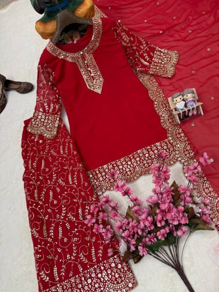 Elegant Red Fully Stitched Faux Georgette Kurti Plazzo Dupatta Set for Women Ready To Wear Collection