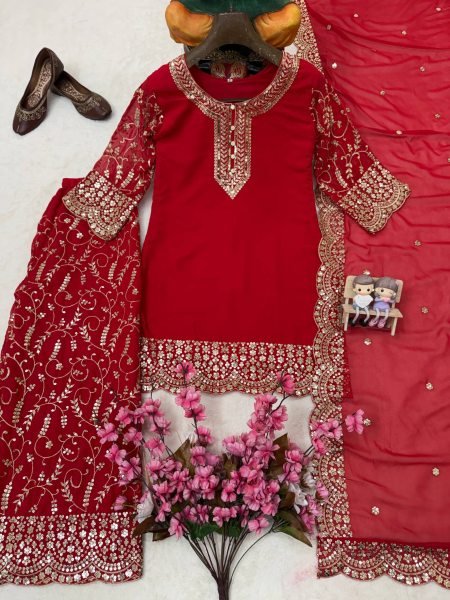 Elegant Red Fully Stitched Faux Georgette Kurti Plazzo Dupatta Set for Women Ready To Wear Collection