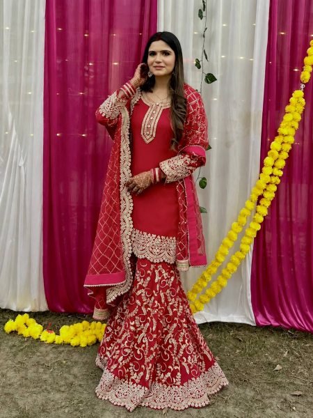 Elegant Red Fully Stitched Faux Georgette Kurti Plazzo Dupatta Set for Women Ready To Wear Collection
