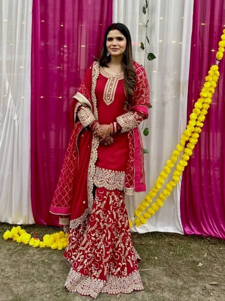 Elegant Red Fully Stitched Faux Georgette Kurti Plazzo Dupatta Set for Women Ready To Wear Collection