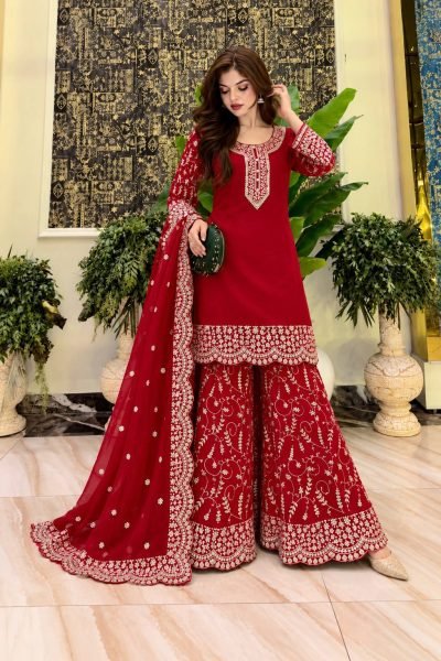 Elegant Red Fully Stitched Faux Georgette Kurti Plazzo Dupatta Set for Women Ready To Wear Collection