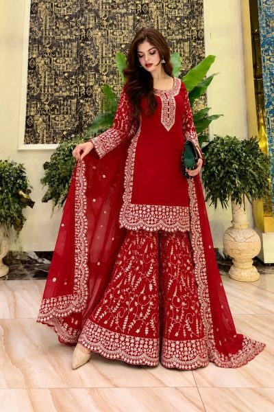 Elegant Red Fully Stitched Faux Georgette Kurti Plazzo Dupatta Set for Women Ready To Wear Collection