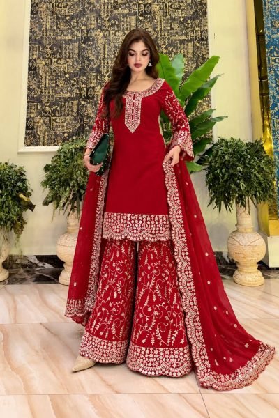 Elegant Red Fully Stitched Faux Georgette Kurti Plazzo Dupatta Set for Women Ready To Wear Collection