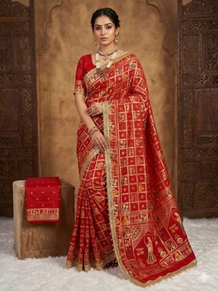Elegant Red Karwa Chauth Special Red Dola Viscose Meena Ghungroo Saree Sarees 