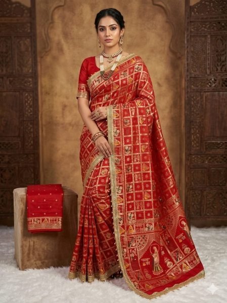 Elegant Red Karwa Chauth Special Red Dola Viscose Meena Ghungroo Saree Silk Sarees Wholesale
