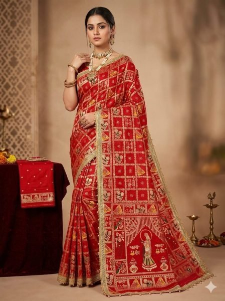 Elegant Red Karwa Chauth Special Red Dola Viscose Meena Ghungroo Saree Silk Sarees Wholesale
