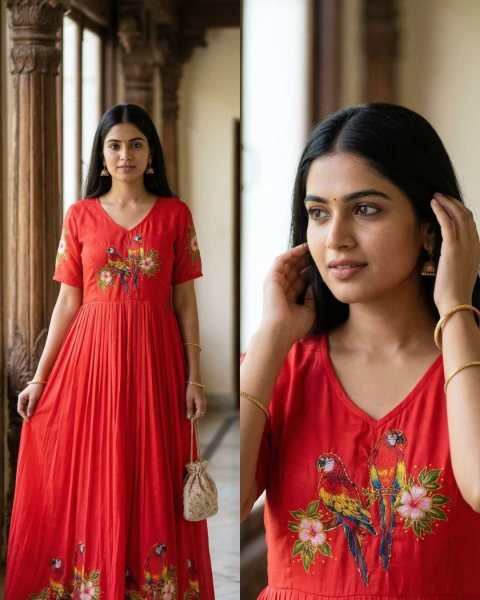 Elegant Red Maslin South Style Print Gown with Khatli Handwork for Festive Wear 