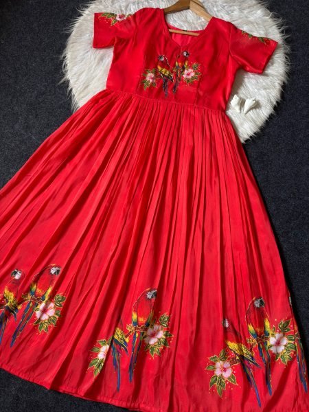 Elegant Red Maslin South Style Print Gown with Khatli Handwork for Festive Wear Anarkali Kurtis 