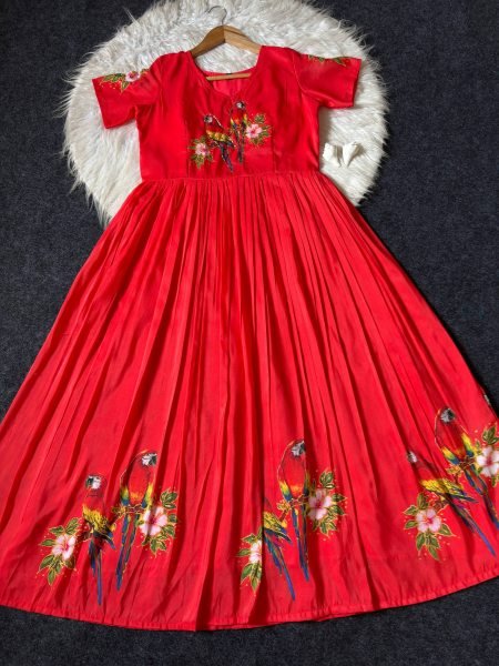 Elegant Red Maslin South Style Print Gown with Khatli Handwork for Festive Wear Anarkali Kurtis 