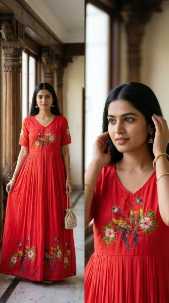 Elegant Red Maslin South Style Print Gown with Khatli Handwork for Festive Wear Anarkali Kurtis 