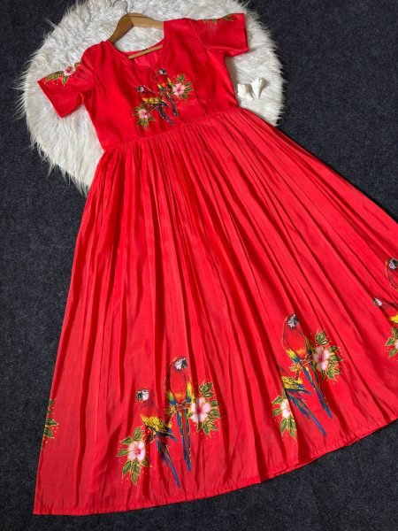 Elegant Red Maslin South Style Print Gown with Khatli Handwork for Festive Wear Anarkali Kurtis 