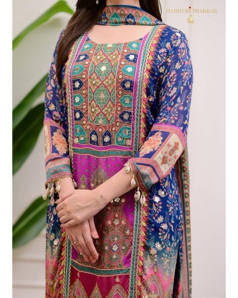 Elegant Royal Blue Chinon Suit with Stone   Mirror Work Designer Kurta Pant Dupatta Set with Moti Lace  Straight Cut Long Kurtis