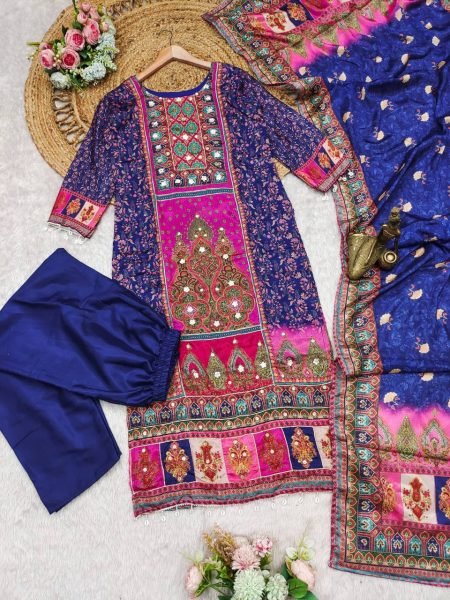Elegant Royal Blue Chinon Suit with Stone   Mirror Work Designer Kurta Pant Dupatta Set with Moti Lace  Straight Cut Long Kurtis