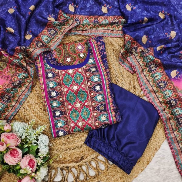 Elegant Royal Blue Chinon Suit with Stone   Mirror Work Designer Kurta Pant Dupatta Set with Moti Lace  Straight Cut Long Kurtis