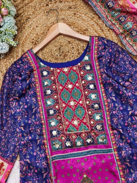 Elegant Royal Blue Chinon Suit with Stone   Mirror Work Designer Kurta Pant Dupatta Set with Moti Lace  Straight Cut Long Kurtis