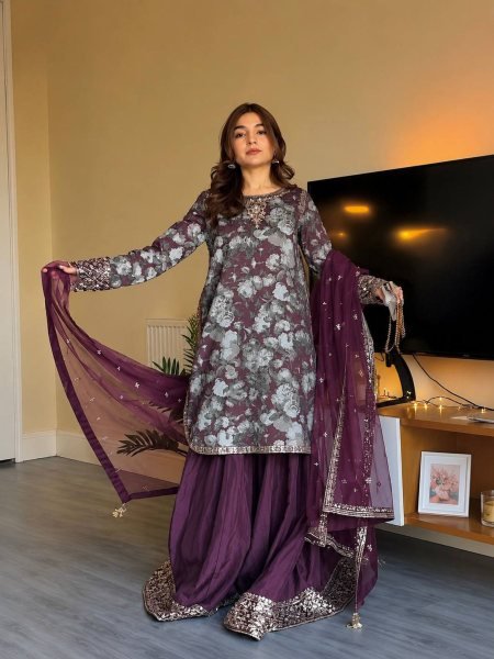 Elegant Royal Purple Maslin Cotton Palazzo Suit with Digital Print and Sequins Embroidery Ready To Wear Suit