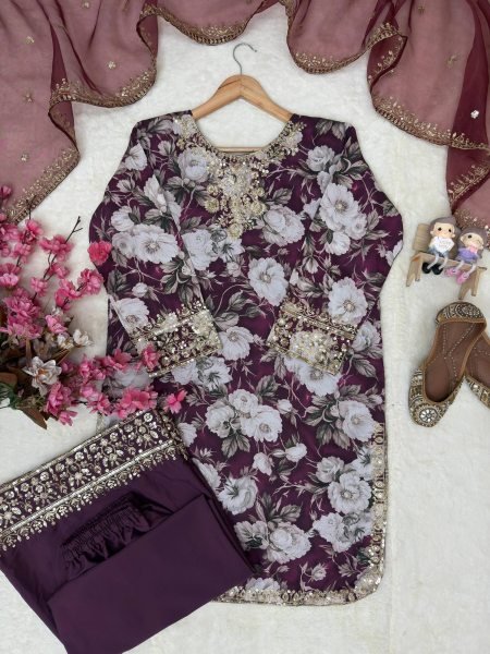 Elegant Royal Purple Maslin Cotton Palazzo Suit with Digital Print and Sequins Embroidery Ready To Wear Collection