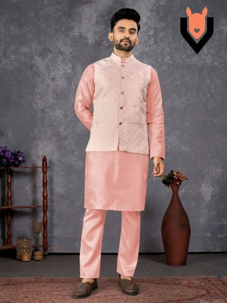 Elegant Silk Kurta Pyjama with Embroidered Jacket Ethnic Wear for Men Mens Wear