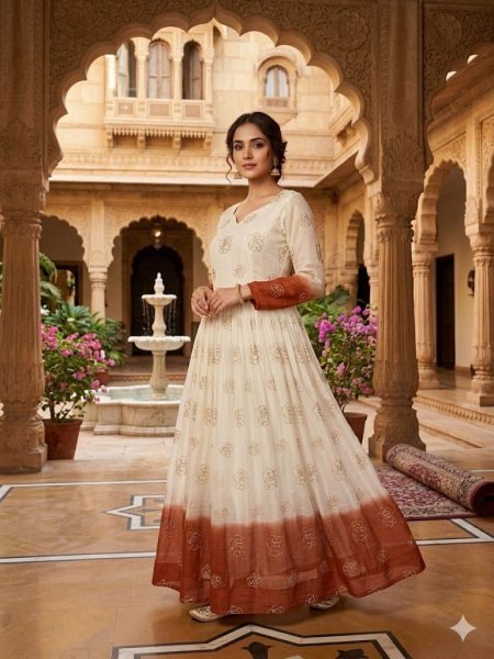 Elegant Gown with Fancy V Neck  3 5 Meter Flair with premium pipe sequins embroidery work for women s  Anarkali Kurtis 