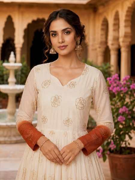 Elegant Gown with Fancy V Neck  3 5 Meter Flair with premium pipe sequins embroidery work for women s  Anarkali Kurtis 