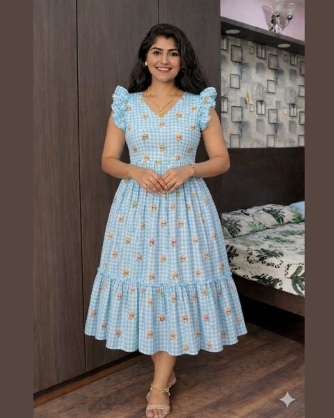 Elegant Sky Blue Chanderi Cotton Silk Festive Wear Printed Gown with Micro Crepe Lining 