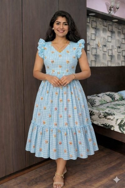 Elegant Sky Blue Chanderi Cotton Silk Festive Wear Printed Gown with Micro Crepe Lining Printed Kurtis