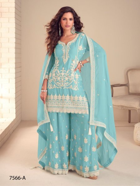 Elegant Sky Blue Chinon Silk Suit Set with Embroidery Sequins Work for Women 