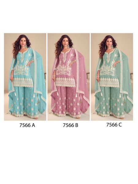 Elegant Sky Blue Chinon Silk Suit Set with Embroidery Sequins Work for Women Designer Plazzo Salwar Suits Wholesale