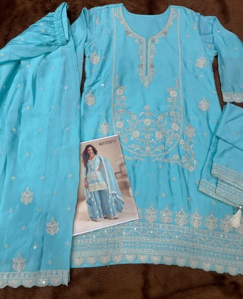 Elegant Sky Blue Chinon Silk Suit Set with Embroidery Sequins Work for Women Designer Plazzo Salwar Suits Wholesale