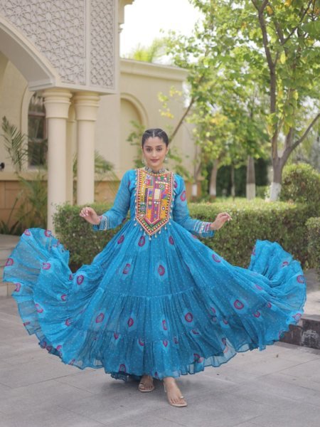 Elegant Sky Blue Faux Georgette Bandhani Print Long Gown with Traditional Kutchi 