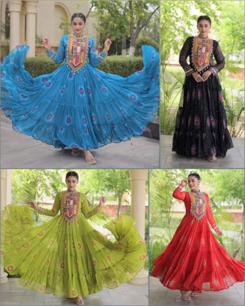 Elegant Sky Blue Faux Georgette Bandhani Print Long Gown with Traditional Kutchi Navratri Collection
