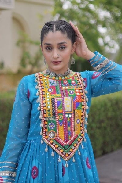 Elegant Sky Blue Faux Georgette Bandhani Print Long Gown with Traditional Kutchi Navratri Collection