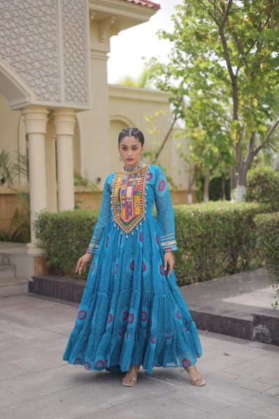 Elegant Sky Blue Faux Georgette Bandhani Print Long Gown with Traditional Kutchi Navratri Collection