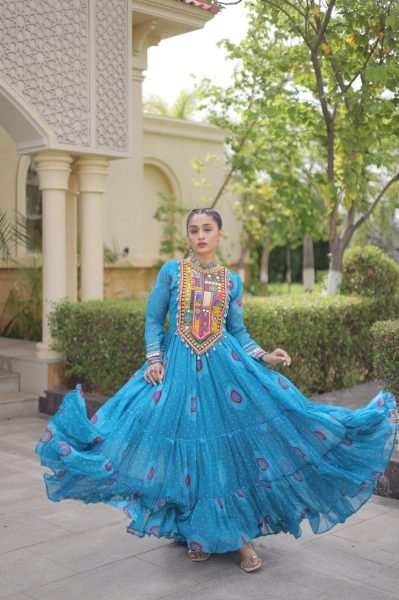 Elegant Sky Blue Faux Georgette Bandhani Print Long Gown with Traditional Kutchi Navratri Collection