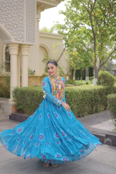 Elegant Sky Blue Faux Georgette Bandhani Print Long Gown with Traditional Kutchi Navratri Collection