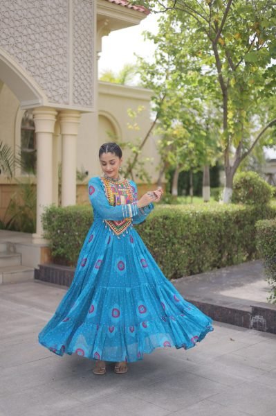 Elegant Sky Blue Faux Georgette Bandhani Print Long Gown with Traditional Kutchi Navratri Collection