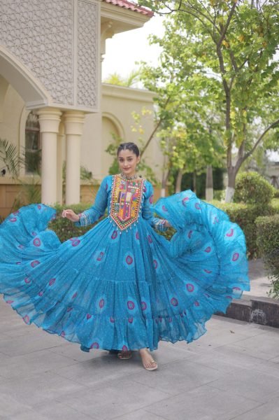 Elegant Sky Blue Faux Georgette Bandhani Print Long Gown with Traditional Kutchi Navratri Collection